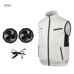 Cooling vest with dual USB-powered fans and advanced cooling technology for comfort.