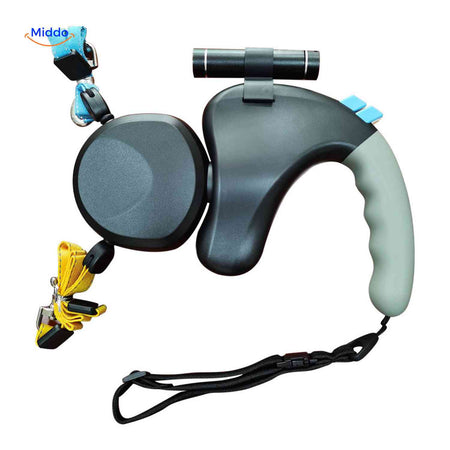 Strong dual line control with secure grip handle for two dogs.