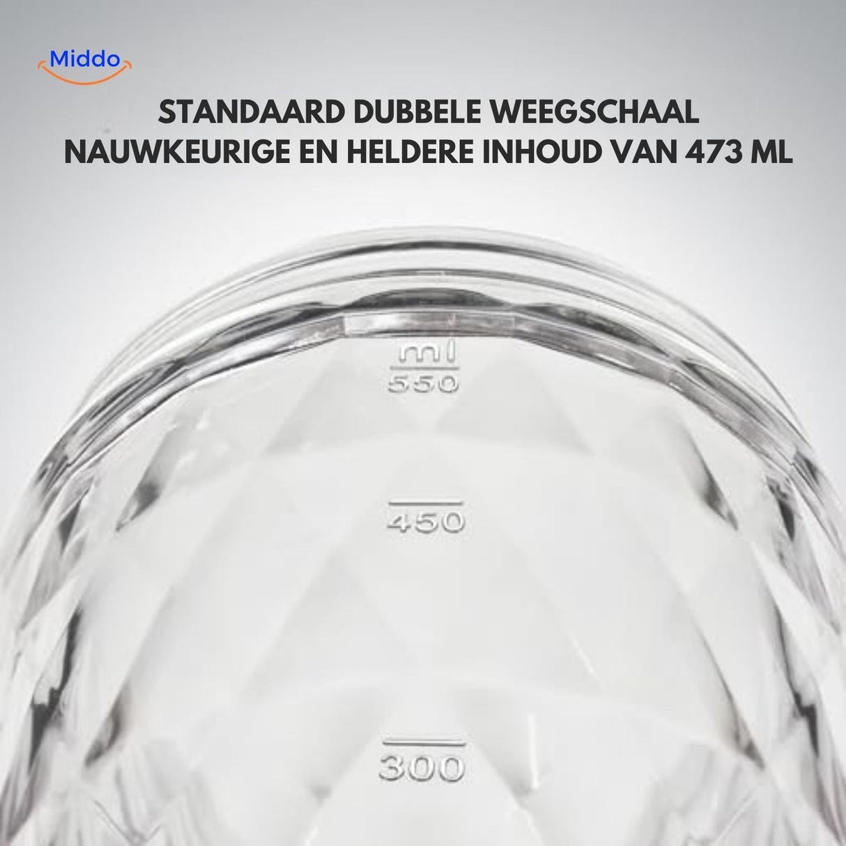 Clear 473ml shaker bottle with dual measurement markings on sides.