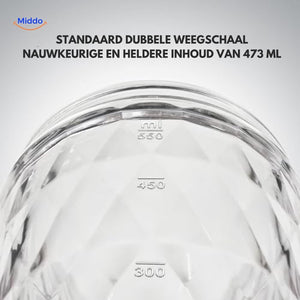 Clear 473ml shaker bottle with dual measurement markings on sides.