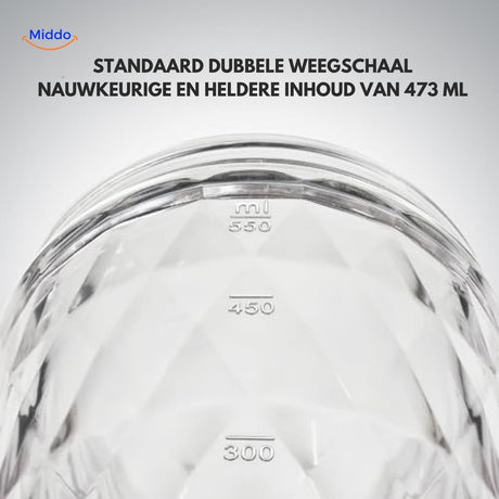 Clear 473ml shaker bottle with dual measurement markings on sides.
