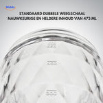 Clear 473ml shaker bottle with dual measurement markings on sides.