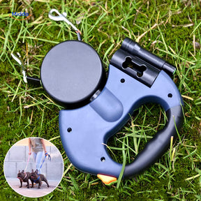 Dual retractable dog leash with anti-slip grip for safe walking control.