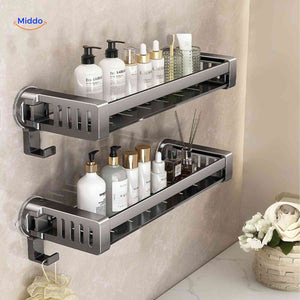 Dual-tier suction shelf for bathroom with bottle storage and hooks.