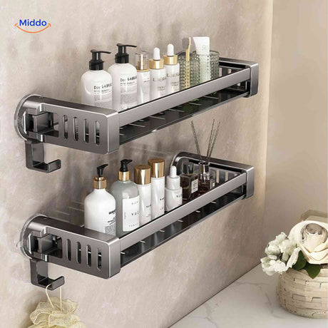 Dual-tier suction shelf for bathroom with bottle storage and hooks.