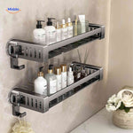 Dual-tier suction shelf for bathroom with bottle storage and hooks.