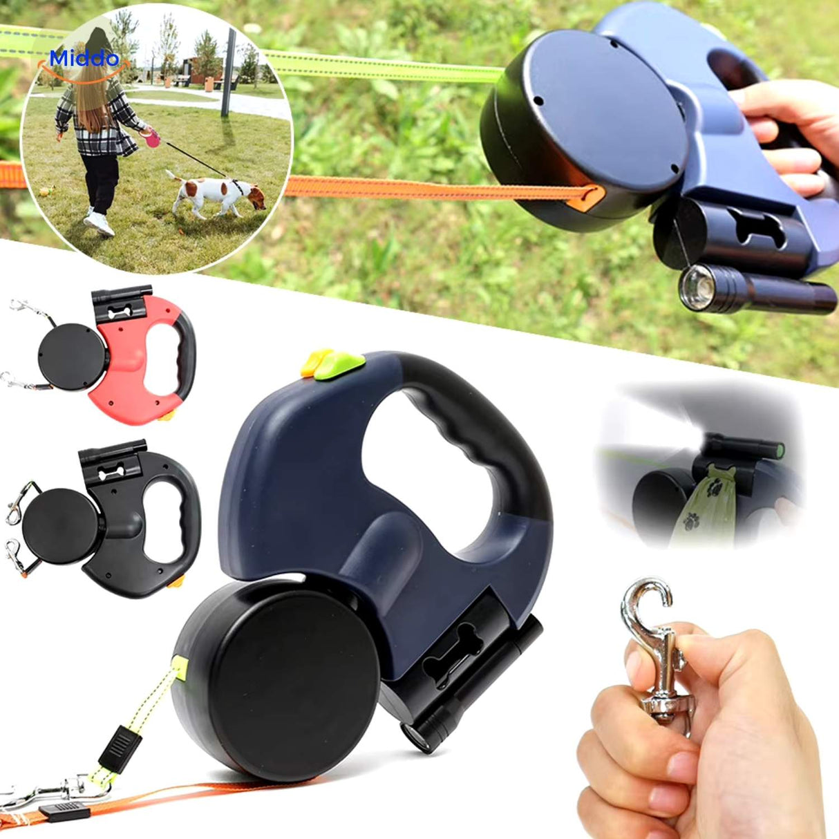Durable retractable leash with secure dual attachment hooks.