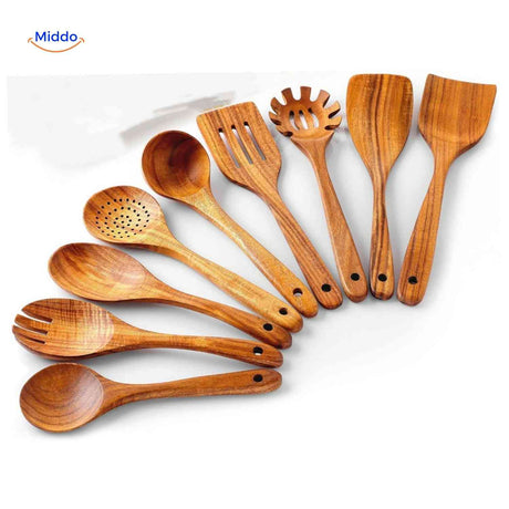 Durable wooden cooking spoons and spatulas set with natural sustainable teak finish.