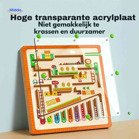 Durable wooden magnetic maze with acrylic protective top.