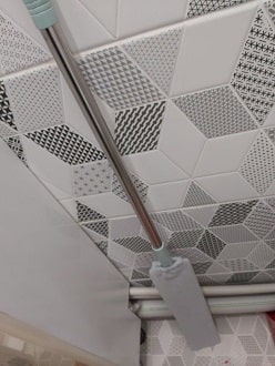 Duster reaching along wall baseboards and trim edges.