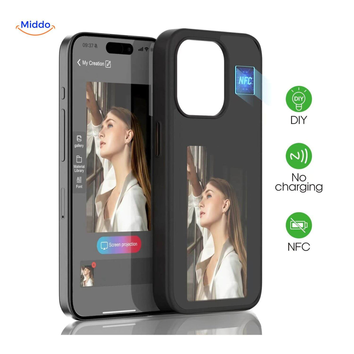 Black e-ink NFC iPhone case lifestyle shot showing a woman swapping display images via the companion app.
