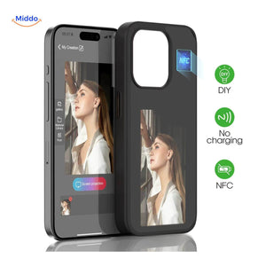 Black e-ink NFC iPhone case lifestyle shot showing a woman swapping display images via the companion app.