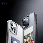 Black e-ink iPhone case displaying a custom cartoon animation character on the e-paper display.