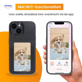 E-ink NFC iPhone case in black showing a custom personal photo on the display.