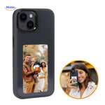 E-ink NFC iPhone case in black showcasing a personalized family photo on the changeable display.