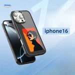 E-ink NFC iPhone case in black featuring a fashion-style woman photo on the personalized display.