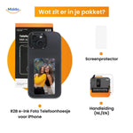 Personalized e-ink iPhone case in black displaying a portrait-style photo on the e-paper screen.