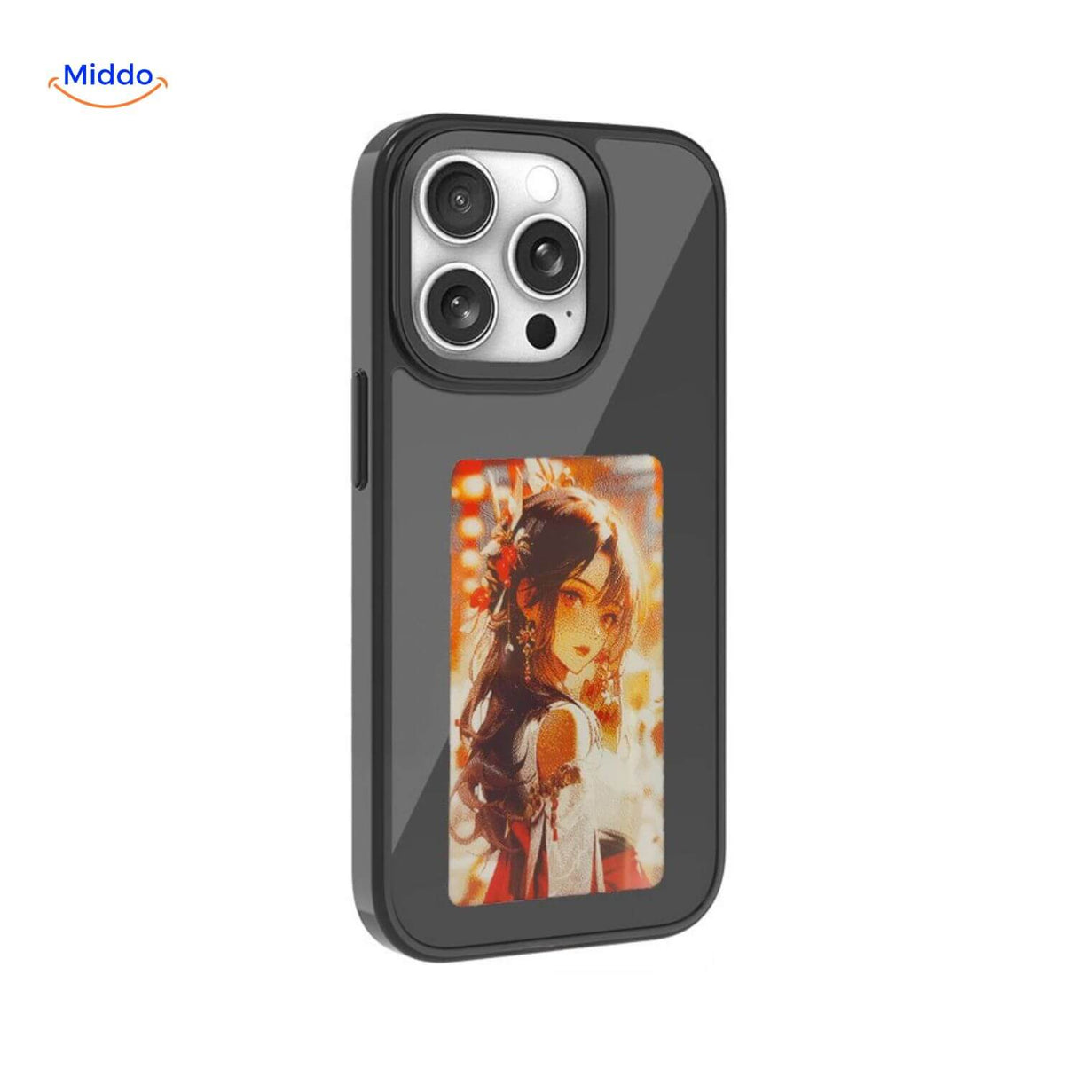 Black e-ink iPhone case with a stylish portrait of a woman posing displayed on the e-paper screen.