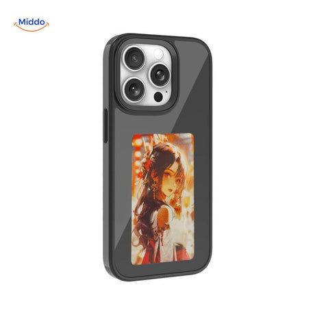 Black e-ink iPhone case with a stylish portrait of a woman posing displayed on the e-paper screen.