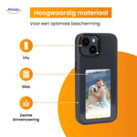 Black e-ink NFC phone case displaying a custom photo of a young girl on the e-paper screen.