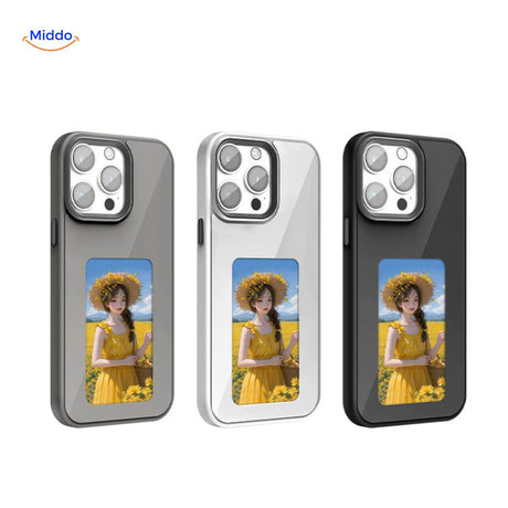 Grey e-ink iPhone case displaying a woman with sunflowers as a custom photo on the e-paper screen.