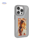 Grey e-ink NFC iPhone case showing a custom photo of a woman on the changeable e-paper display.