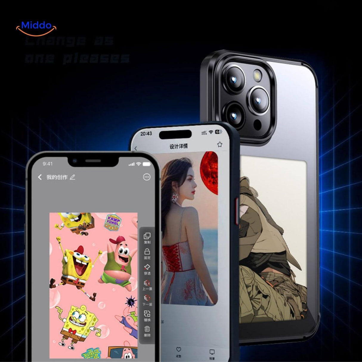 E-ink personalized iPhone case in black with a lifestyle photo of a woman and her dog on the screen.