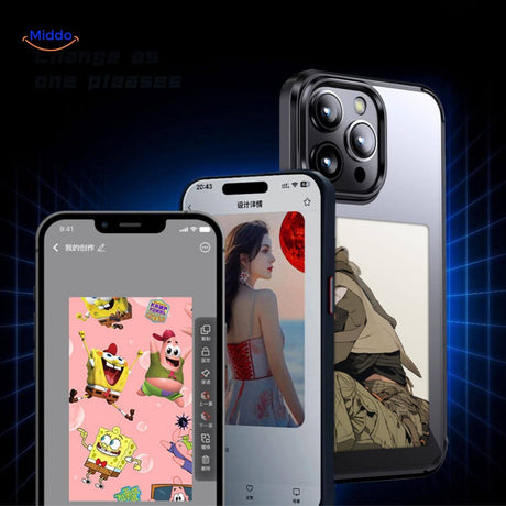 E-ink personalized iPhone case in black with a lifestyle photo of a woman and her dog on the screen.