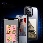 E-ink personalized iPhone case in black with a lifestyle photo of a woman and her dog on the screen.