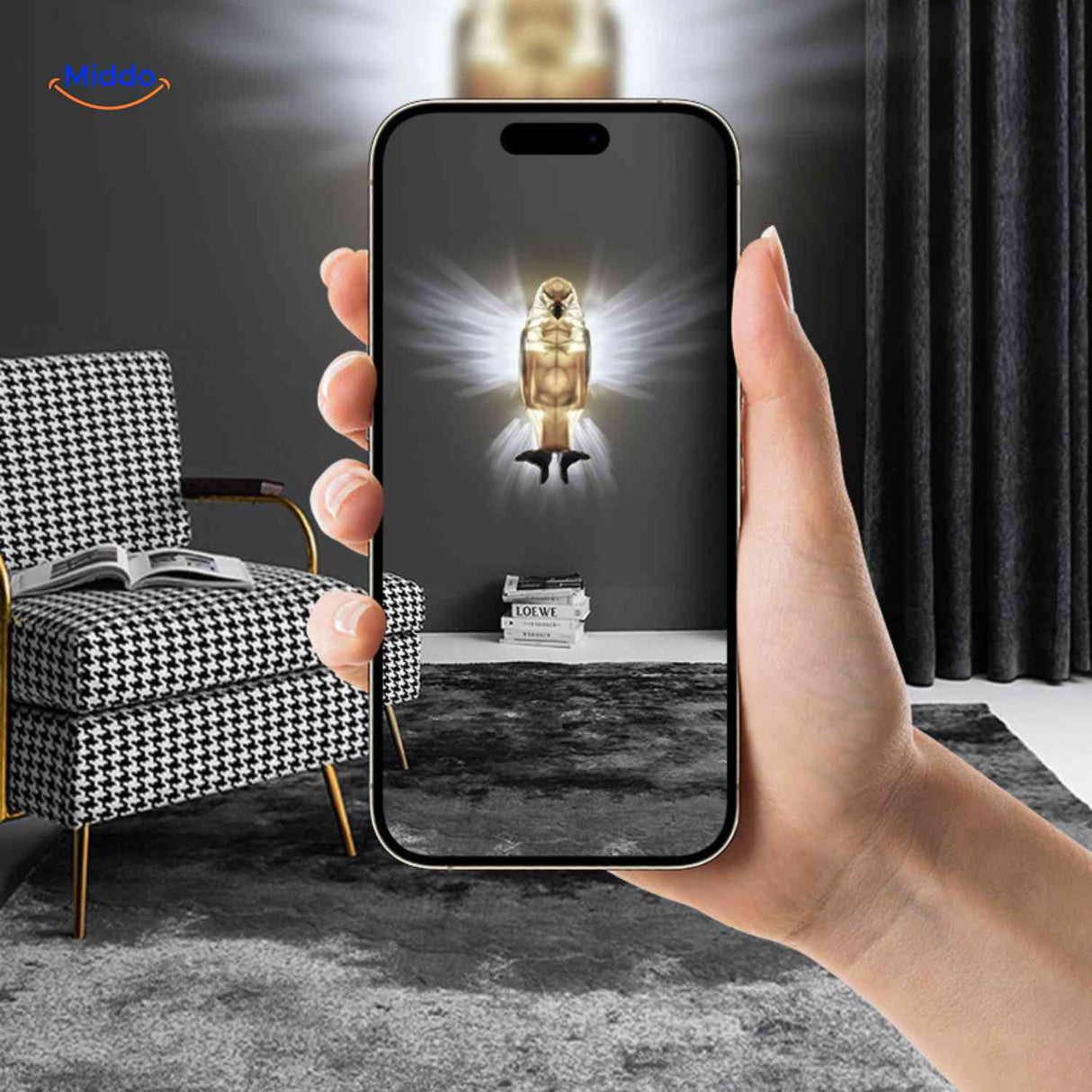 EagleGlow smart LED eagle wall lamp displayed on mobile device screen.