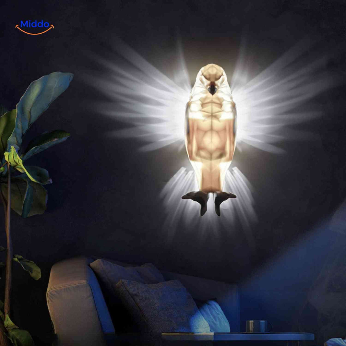 EagleGlow eagle lamp as decorative wall light in modern living room setting.