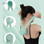 ReachEase electric back brush being used for thorough back cleaning and exfoliation.