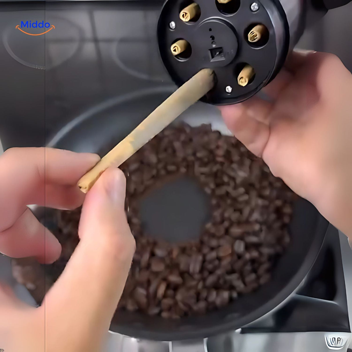 Automatic fill feature dispensing pre-ground herbs into rolling papers