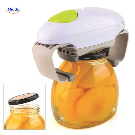 CapMate electric jar opener twisting bottle cap with automatic grip mechanism.