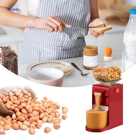Electric peanut butter maker with fresh homemade spread ready to use.
