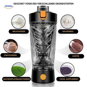 Electric shaker bottle perfect for protein powder mixing and oatmeal drinks.