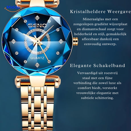 Elegance women's watch in gold with brown leather strap, angled product shot.