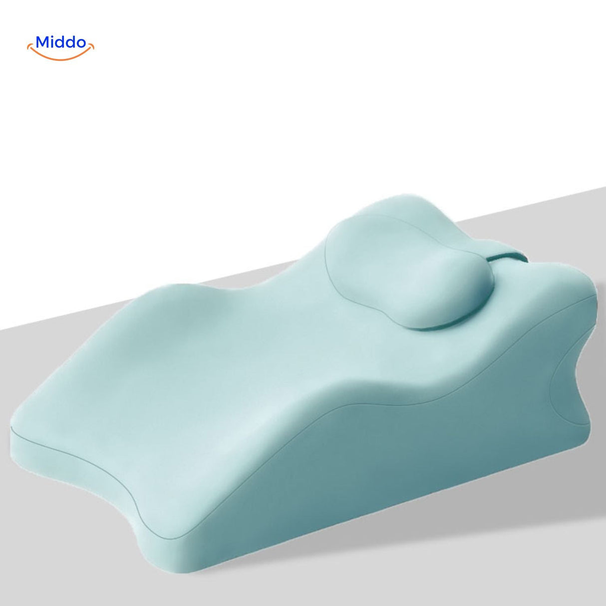 Blue leg elevation pillow with combined support for legs, head and neck comfort.