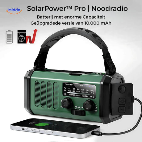 SolarPower Pro emergency radio with large 10000 mAh capacity power bank.