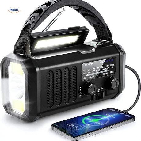 Black emergency radio with SOS capability and powerful LED battery backup light.