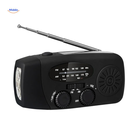SolarPower Pro emergency radio in black with LED flashlight and SOS alarm function.