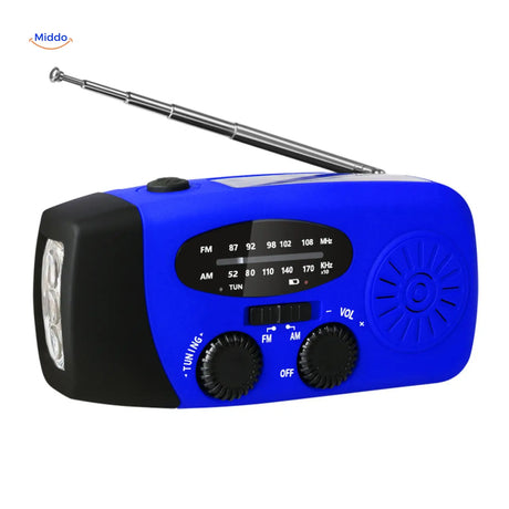 SolarPower Pro emergency radio in blue with hand crank and LED light features.