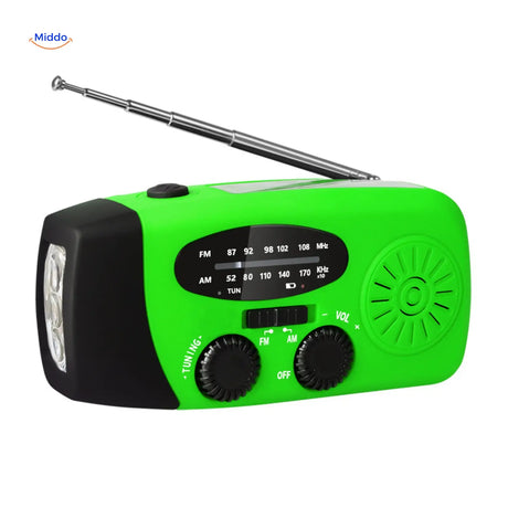 SolarPower Pro emergency radio in green with solar panel and hand crank capabilities.