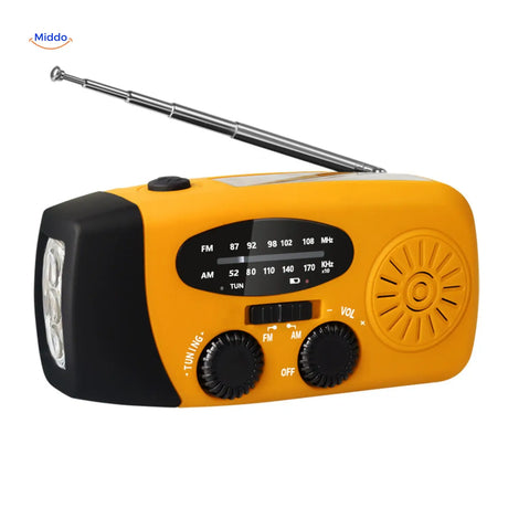 SolarPower Pro emergency radio in vibrant orange with hand crank and LED light.