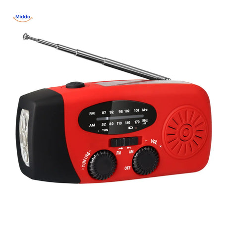SolarPower Pro emergency radio in red, featuring hand crank charging and flashlight.