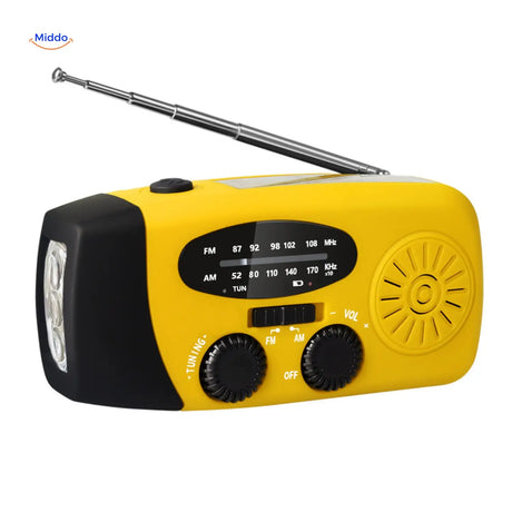 SolarPower Pro emergency radio in yellow with integrated LED light and alarm.