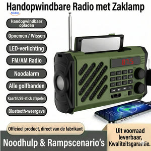 Emergency radio with hand crank, SOS alarm, and flashlight for disaster preparedness.