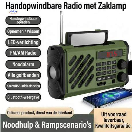 Emergency radio with hand crank, SOS alarm, and flashlight for disaster preparedness.