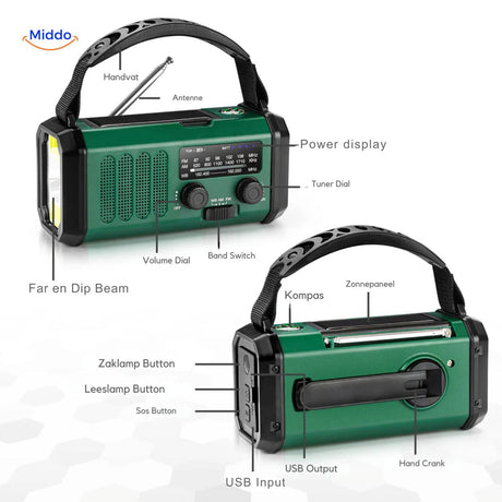 Emergency radio featuring integrated light, SOS alarm, and emergency notification.