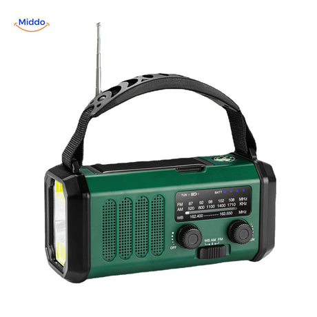 Emergency radio with solar panel charging in eco-friendly green color.